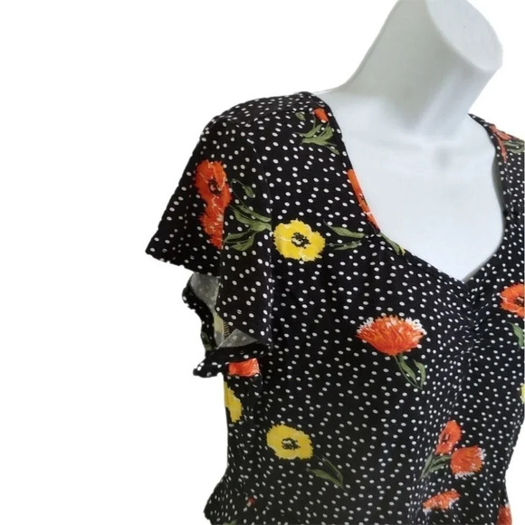 Poison Ivy Scoop V-Neck Floral/Polka Dot Shirt, S - Picture 3 of 6